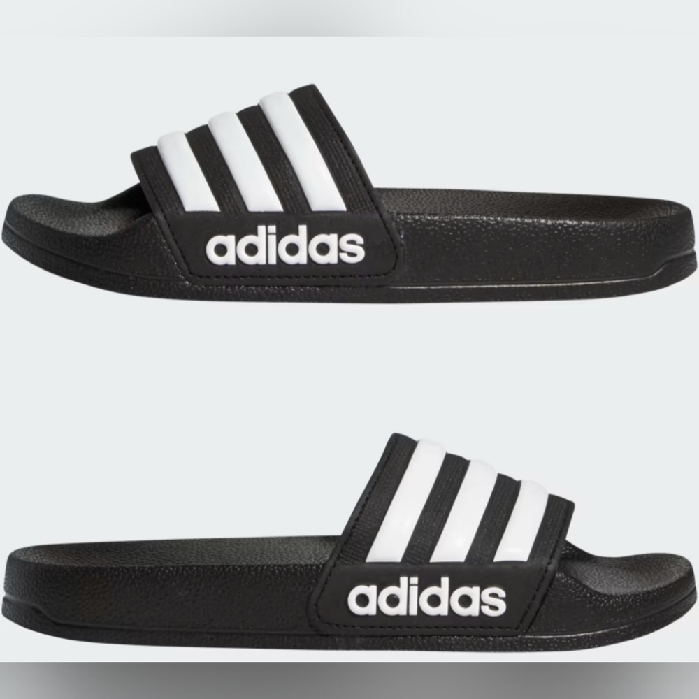 Adidas Black Slides with White Stripes